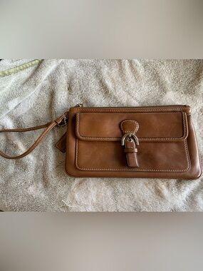 Coach Tan Leather Wristlet Clutch with Buckle Detail